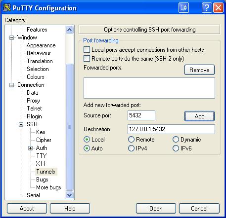 Settings for SSH tunneling.