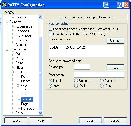 Settings for SSH tunneling.